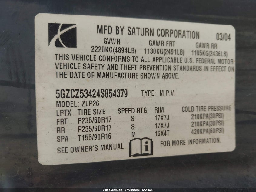 2004 Saturn Vue V6 VIN: 5GZCZ53404S869060 Lot: 45642742