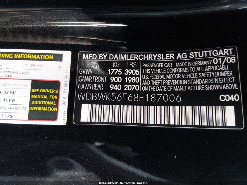 2008 Mercedes-Benz Slk 350 VIN: WDBWK56F68F187006 Lot: 45642782