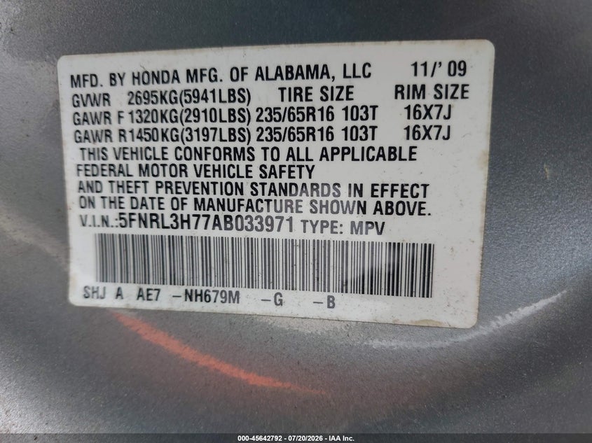 2010 Honda Odyssey Ex-L VIN: 5FNRL3H77AB033971 Lot: 45642792