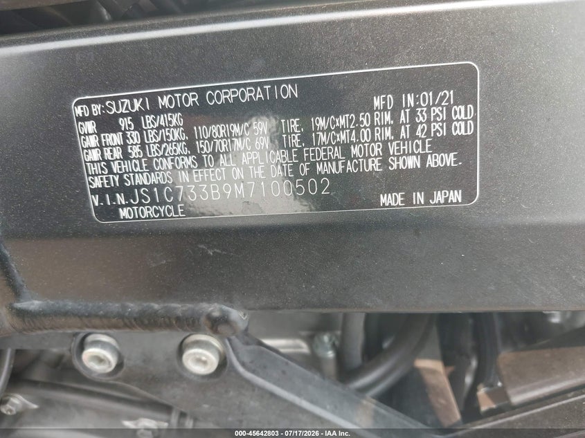 2021 Suzuki Dl650 VIN: JS1C733B9M7100502 Lot: 45642803