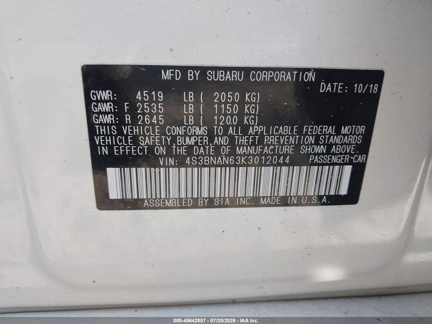 2019 Subaru Legacy 2.5I Limited VIN: 4S3BNAN63K3012044 Lot: 45642807