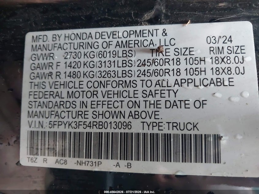 HONDA RIDGELINE 2024 VIN 5FPYK3F54RB013096