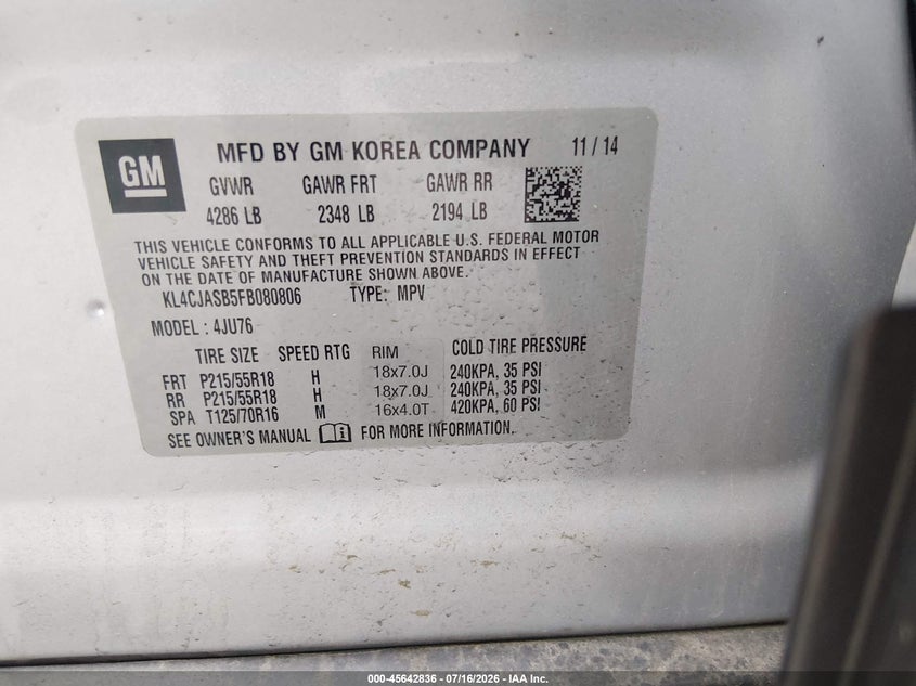 2015 Buick Encore VIN: KL4CJASB5FB080806 Lot: 45642836
