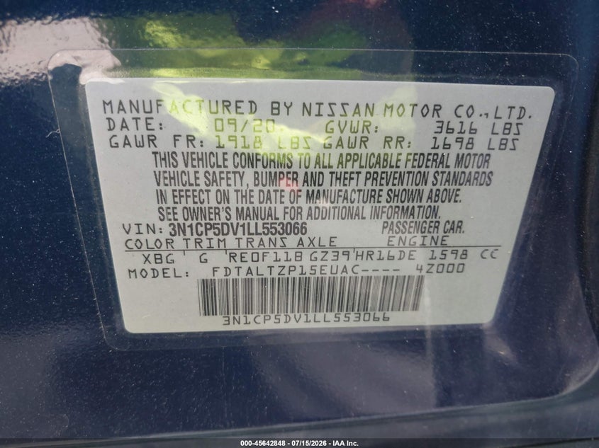 2020 Nissan Kicks Sr Xtronic Cvt VIN: 3N1CP5DV1LL553066 Lot: 45642848
