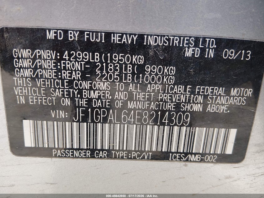 2014 Subaru Impreza 2.0I Sport Premium VIN: JF1GPAL64E8214309 Lot: 45642850