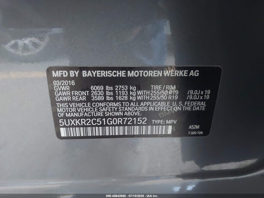 2016 BMW X5 Sdrive35I VIN: 5UXKR2C51G0R72152 Lot: 45642868