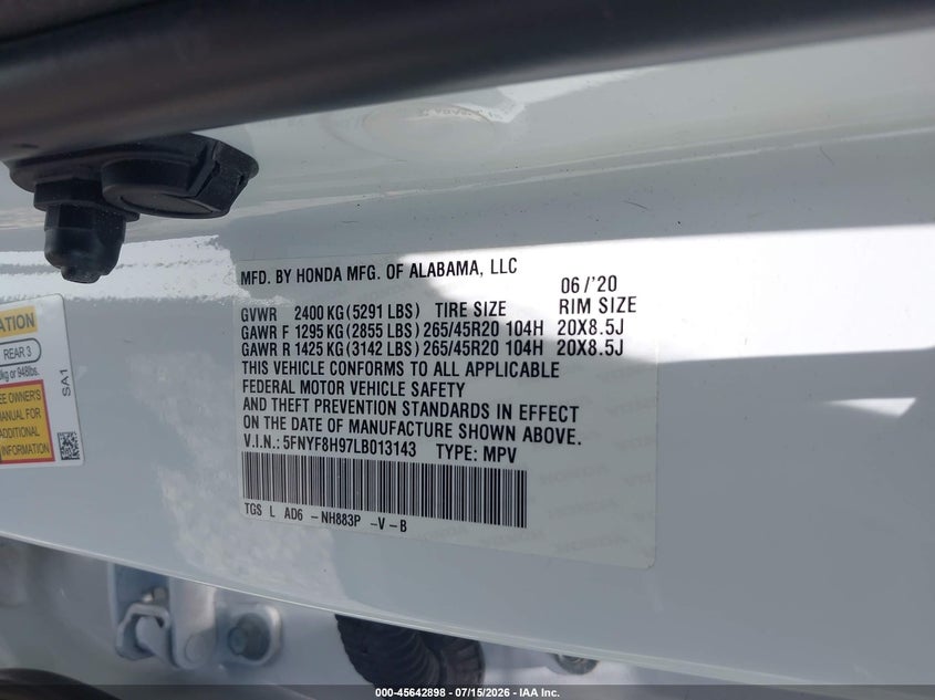 2020 Honda Passport Awd Touring VIN: 5FNYF8H97LB013143 Lot: 45642898