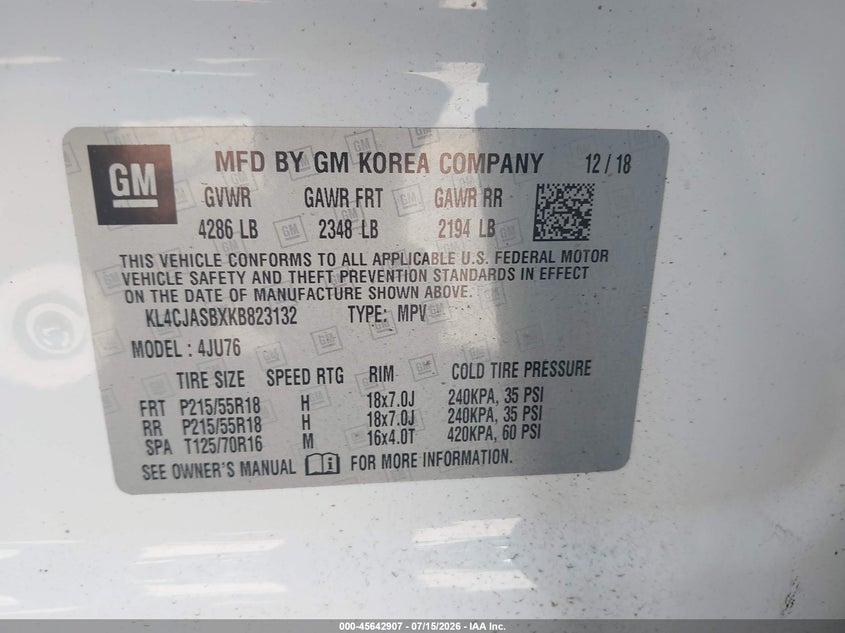 2019 Buick Encore Fwd Preferred VIN: KL4CJASBXKB823132 Lot: 45642907