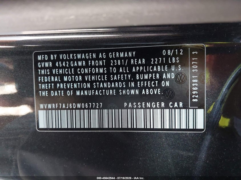 2013 Volkswagen Golf R 2-Door VIN: WVWRF7AJ6DW067727 Lot: 45642944