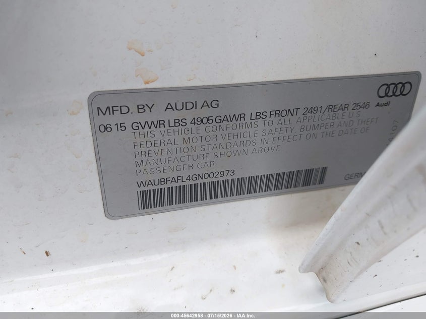 2016 Audi A4 Premium VIN: WAUBFAFL4GN002973 Lot: 45642958