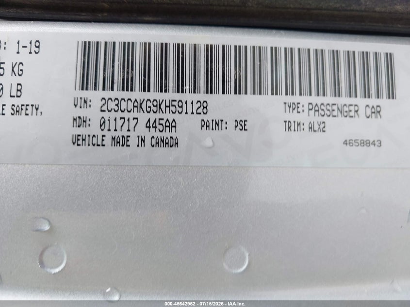 2019 CHRYSLER 300 SEDAN 3.6L V-6 DOHC, VVT, 292HP
