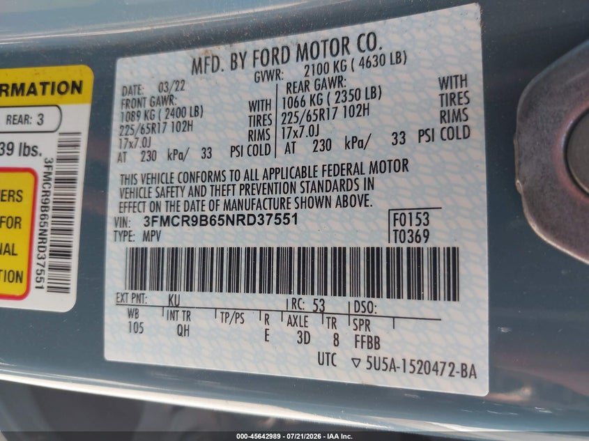 2022 Ford Bronco Sport Big Bend VIN: 3FMCR9B65NRD37551 Lot: 45642989