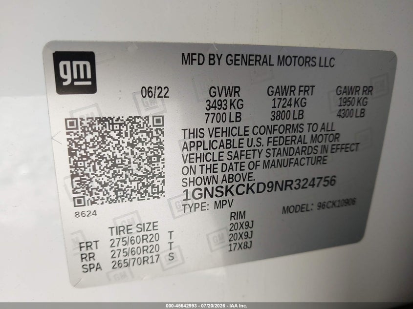 2022 Chevrolet Suburban 4Wd Lt VIN: 1GNSKCKD9NR324756 Lot: 45642993