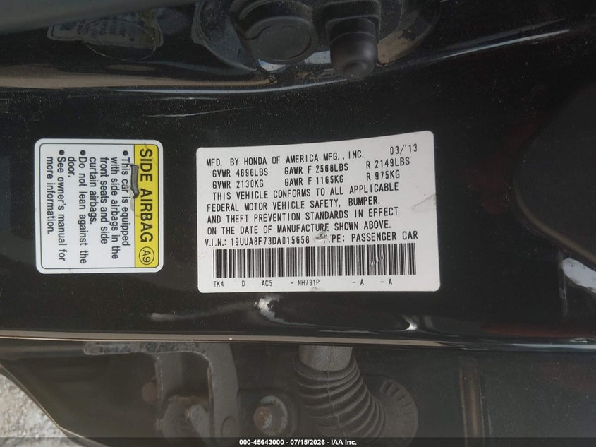 2013 Acura Tl 3.5 VIN: 19UUA8F73DA015658 Lot: 45643000