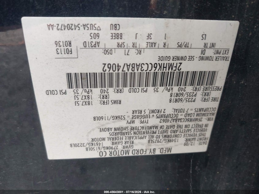 2010 Ford Flex Sel VIN: 2FMHK6CC3ABA74062 Lot: 45643001