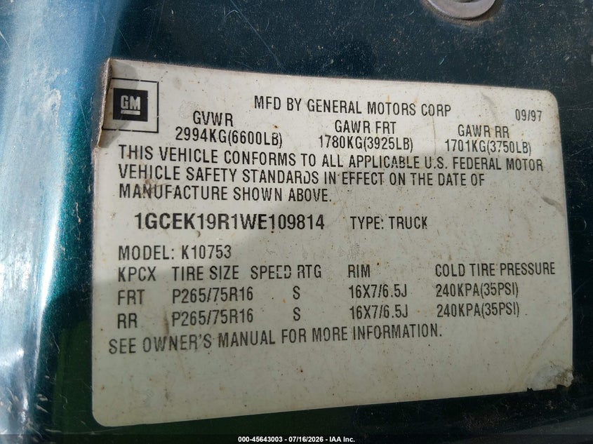 1999 GMC Yukon Slt Gm Buypower VIN: 1GKEK13R0XJ796273 Lot: 45643003