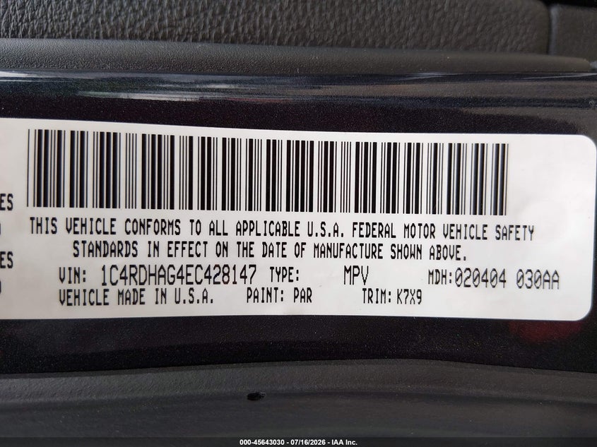2014 Dodge Durango Sxt VIN: 1C4RDHAG4EC428147 Lot: 45643030