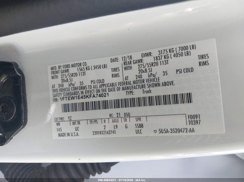FORD F-150 2019 VIN 1FTEW1E45KFA74021