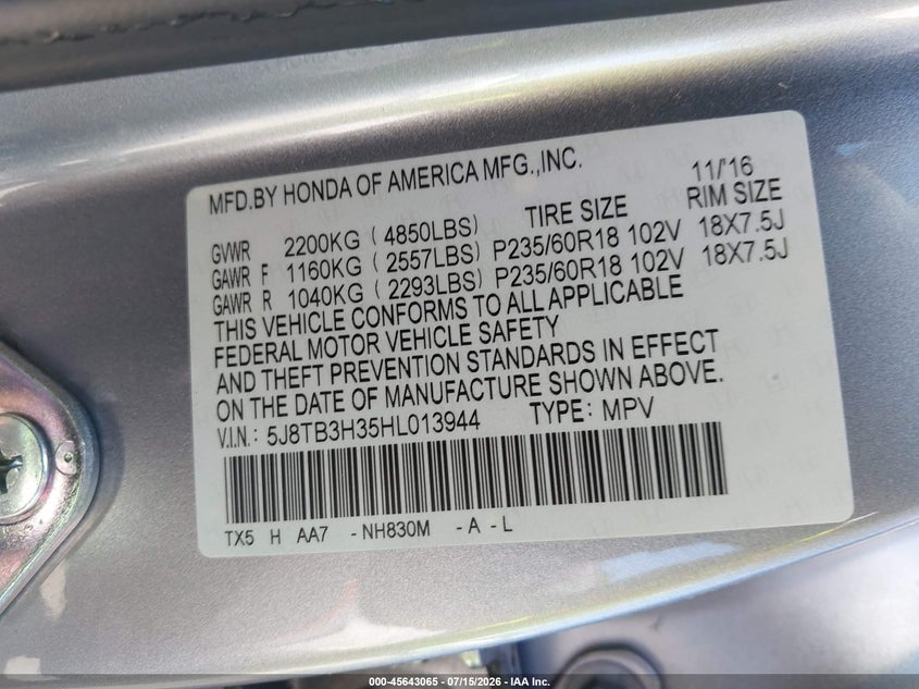 2017 Acura Rdx Acurawatch Plus Package VIN: 5J8TB3H35HL013944 Lot: 45643065