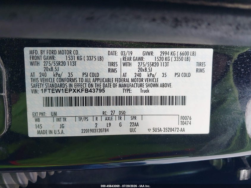 2019 FORD F-150 PICKUP 2.7L V6 FI DOHC 24V NF4