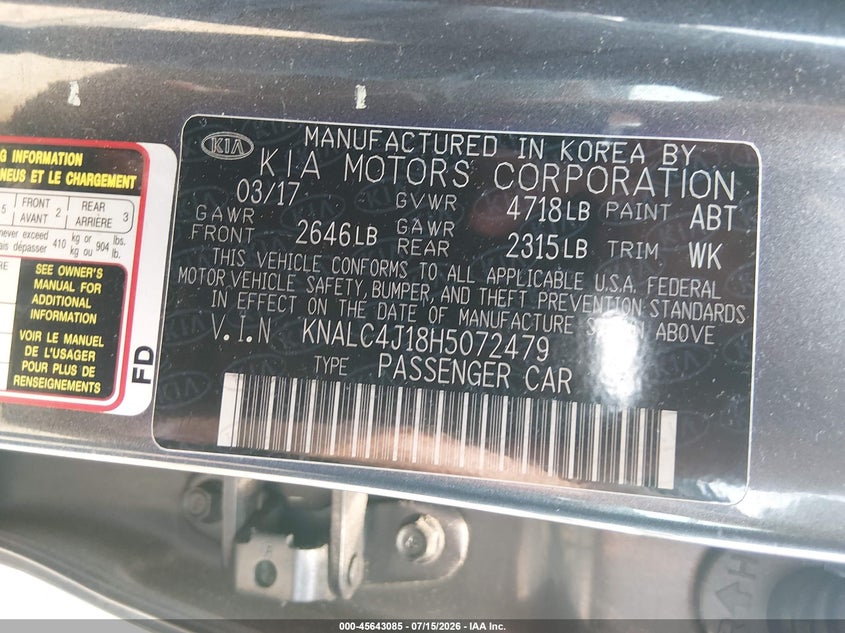 2017 Kia Cadenza Technology VIN: KNALC4J18H5072479 Lot: 45643085