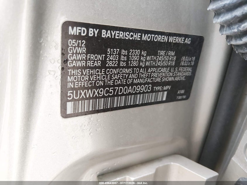 2013 BMW X3 xDrive28I VIN: 5UXWX9C57D0A09903 Lot: 45643087