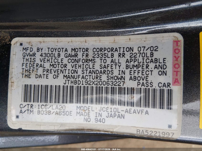2002 Lexus Is 300 VIN: JTHBD192X20063227 Lot: 45643101
