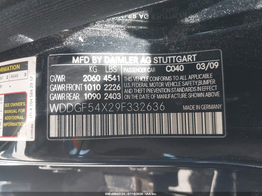 2009 Mercedes-Benz C 300 Luxury/Sport VIN: WDDGF54X29F332636 Lot: 45643124