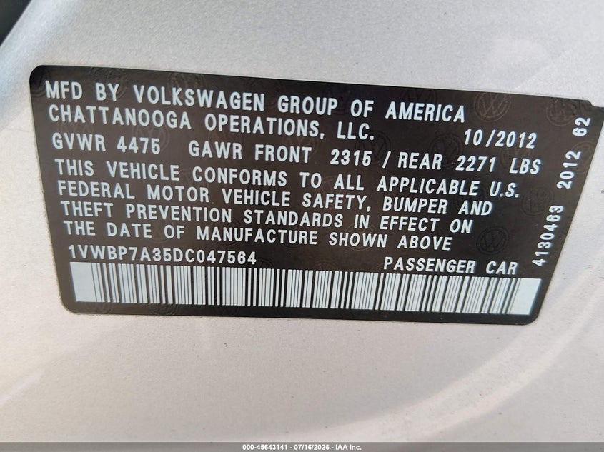 2013 Volkswagen Passat 2.5L Se VIN: 1VWBP7A35DC047564 Lot: 45643141