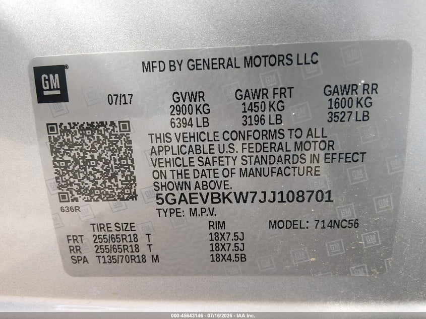 2018 Buick Enclave Premium VIN: 5GAEVBKW7JJ108701 Lot: 45643146