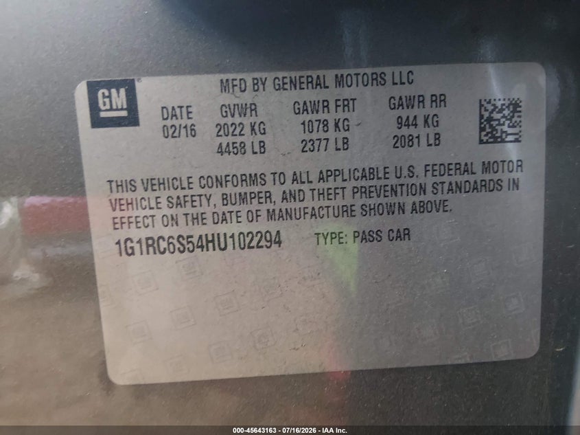 2017 Chevrolet Volt Lt VIN: 1G1RC6S54HU102294 Lot: 45643163