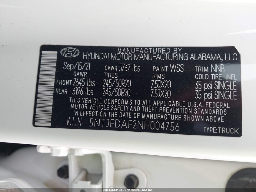 2022 Hyundai Santa Cruz Limited VIN: 5NTJEDAF2NH004756 Lot: 45643193
