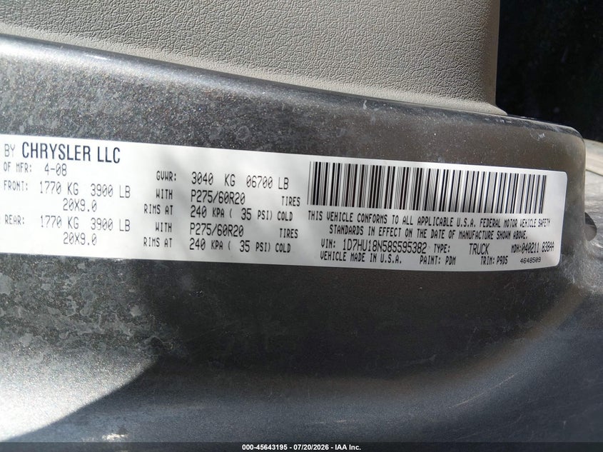 2008 Dodge Ram 1500 Slt VIN: 1D7HU18N58S595382 Lot: 45643195