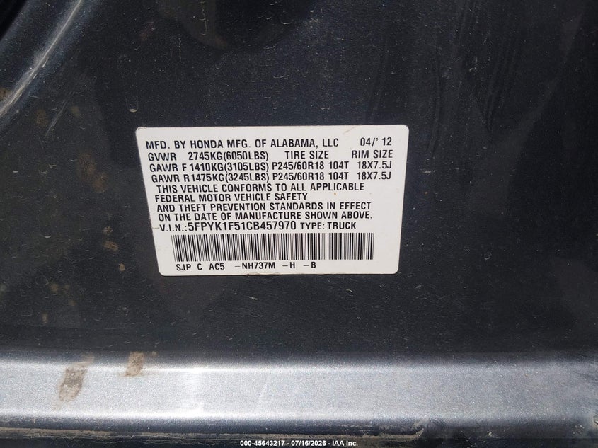 2012 Honda Ridgeline Rtl VIN: 5FPYK1F51CB457970 Lot: 45643217