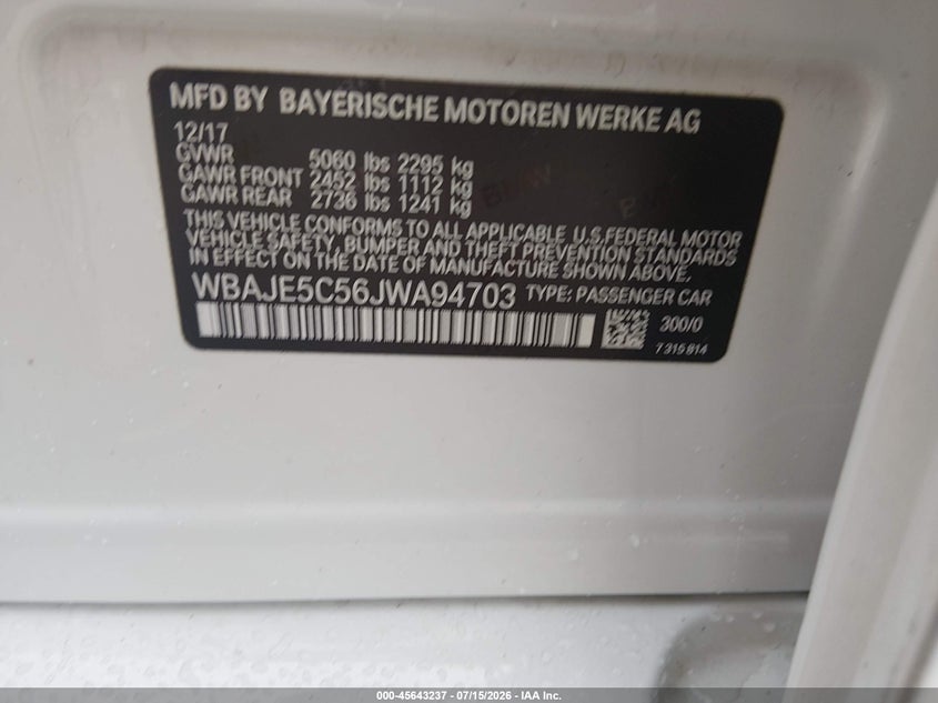2018 BMW 540I VIN: WBAJE5C56JWA94703 Lot: 45643237