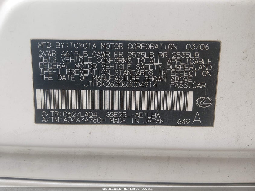 2006 Lexus Is 250 VIN: JTHCK262062004914 Lot: 45643243