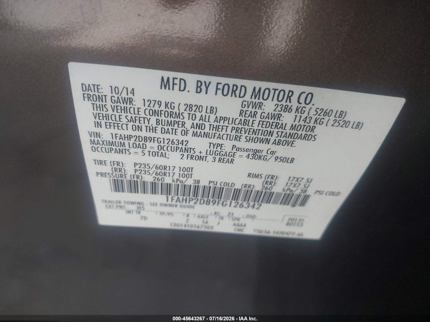 2015 Ford Taurus Se VIN: 1FAHP2D89FG126342 Lot: 45643267
