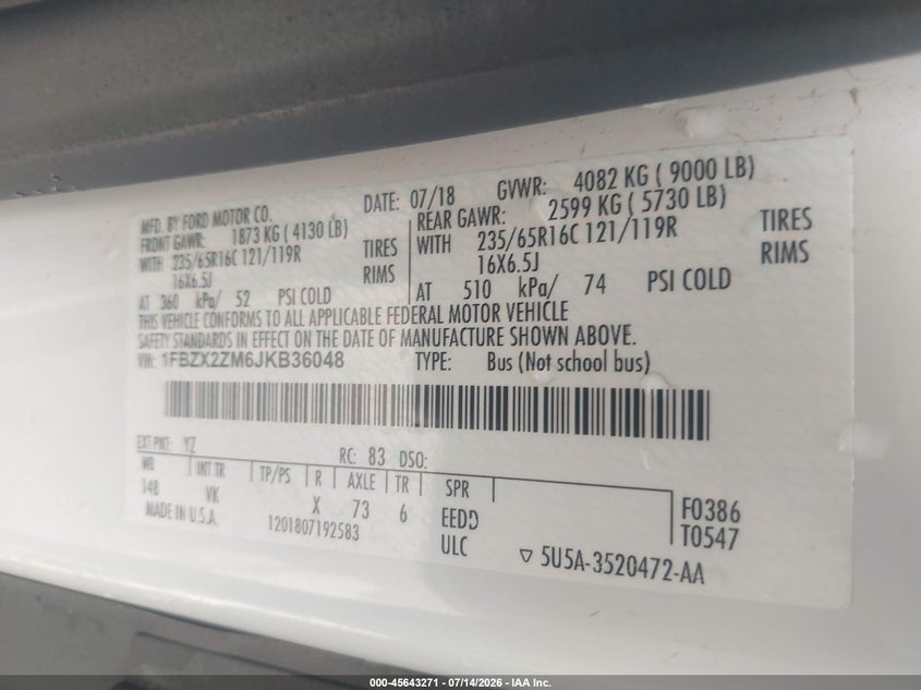 FORD TRANSIT-350 2018 VIN 1FBZX2ZM6JKB36048