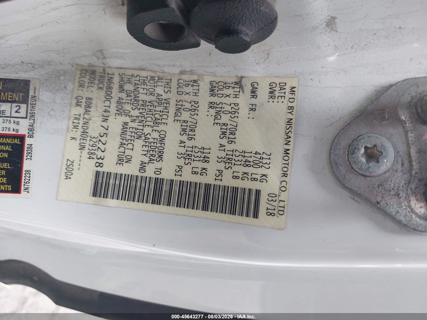 Vin: 1n6bd0ct4jn752238, lot: 46141800, nissan frontier sv-i4 20184