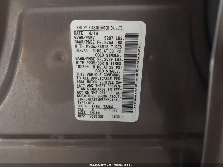 2014 Nissan Murano Sl VIN: JN8AZ1MW5EW521643 Lot: 45643279
