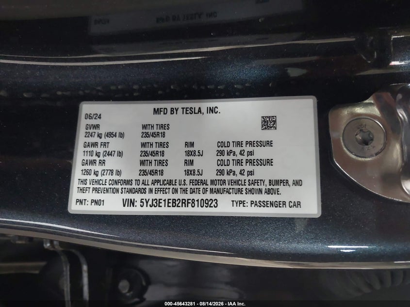 TESLA MODEL 3 2024 VIN 5YJ3E1EB2RF810923