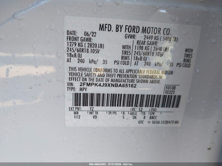 2022 Ford Edge Sel VIN: 2FMPK4J9XNBA65162 Lot: 45643302
