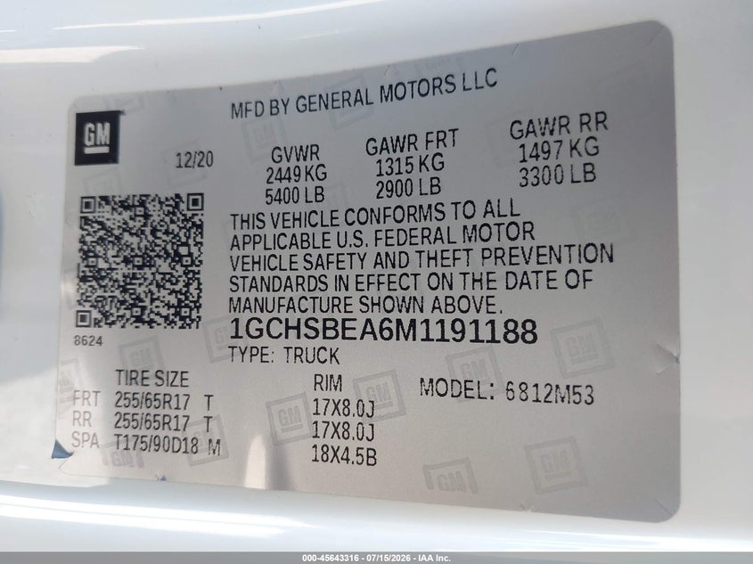 2021 Chevrolet Colorado 2Wd Long Box Wt VIN: 1GCHSBEA6M1191188 Lot: 45643316
