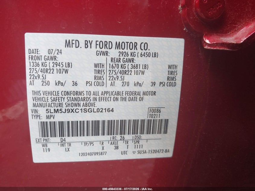 2025 Lincoln Aviator Black Label VIN: 5LM5J9XC1SGL02164 Lot: 45643336