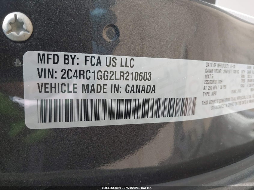 2020 Chrysler Pacifica Limited VIN: 2C4RC1GG2LR210603 Lot: 45643359