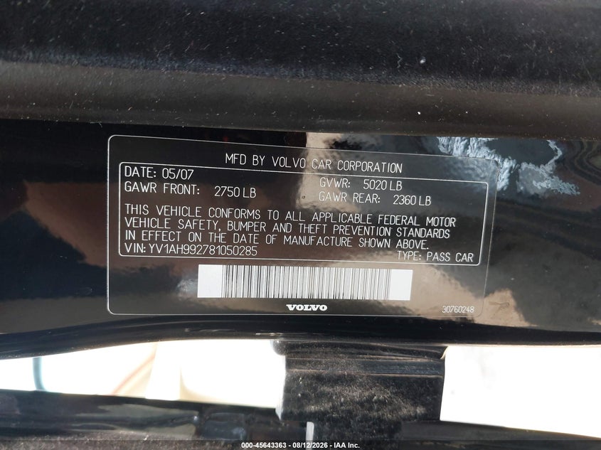 VOLVO S80 2008 VIN YV1AH992781050285