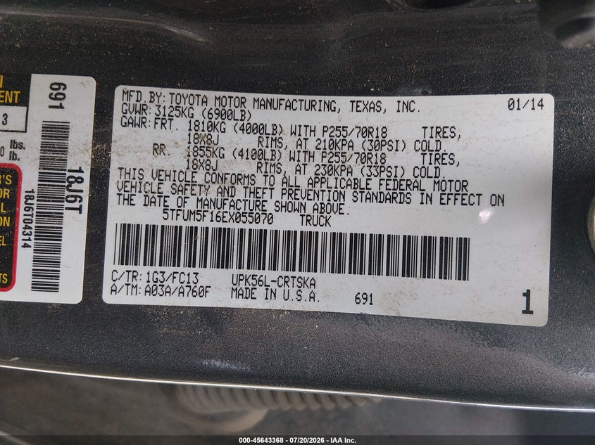 2014 Toyota Tundra Sr5 4.6L V8 VIN: 5TFUM5F16EX055070 Lot: 45643368