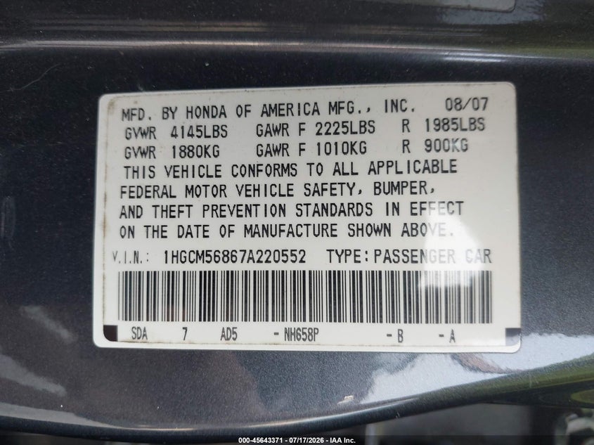 2007 Honda Accord 2.4 Ex VIN: 1HGCM56867A220552 Lot: 45643371