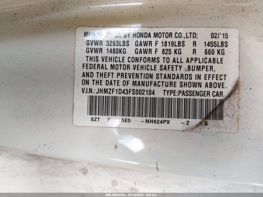 2015 Honda Cr-Z VIN: JHMZF1D43FS002104 Lot: 45643383