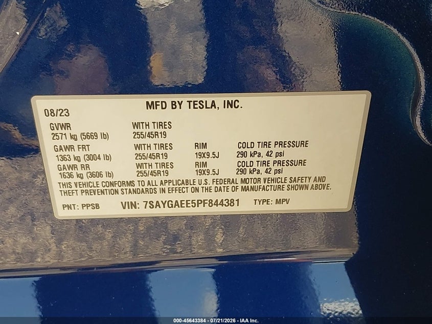 2023 Tesla Model Y Awd/Long Range Dual Motor All-Wheel Drive VIN: 7SAYGAEE5PF844381 Lot: 45643384